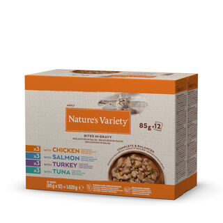 Nature’s Variety Pedaços de Peru, Atum, Frango e Salmão Saquetas com molho para gatos - Multipack 12